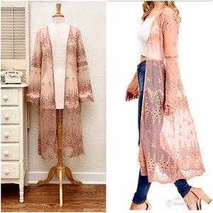 Haute Monde Sheer Mesh Embroidered Long Sleeve Open Duster, Dusty Peachy Blush L